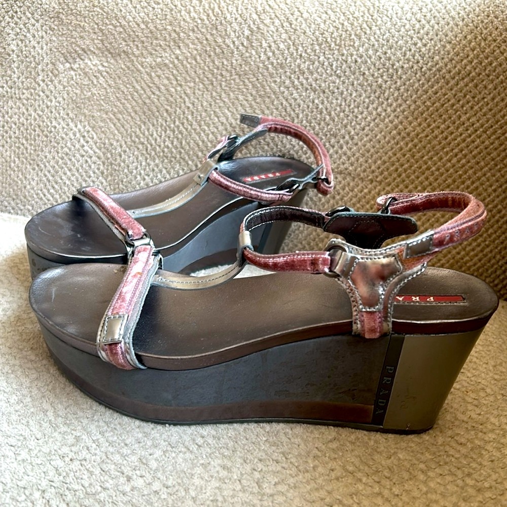 PRADA Metallic & Velvet Wedge Sandals - Picture 2 of 10